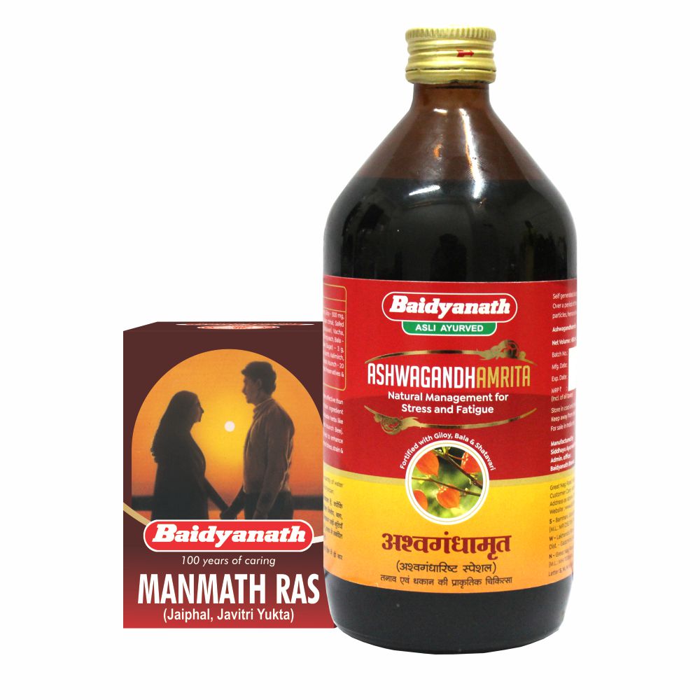 Baidyanath Vitality & Energy Booster - Ashwagandhamrita 450 ml + Manmath  Ras: 40 tablets